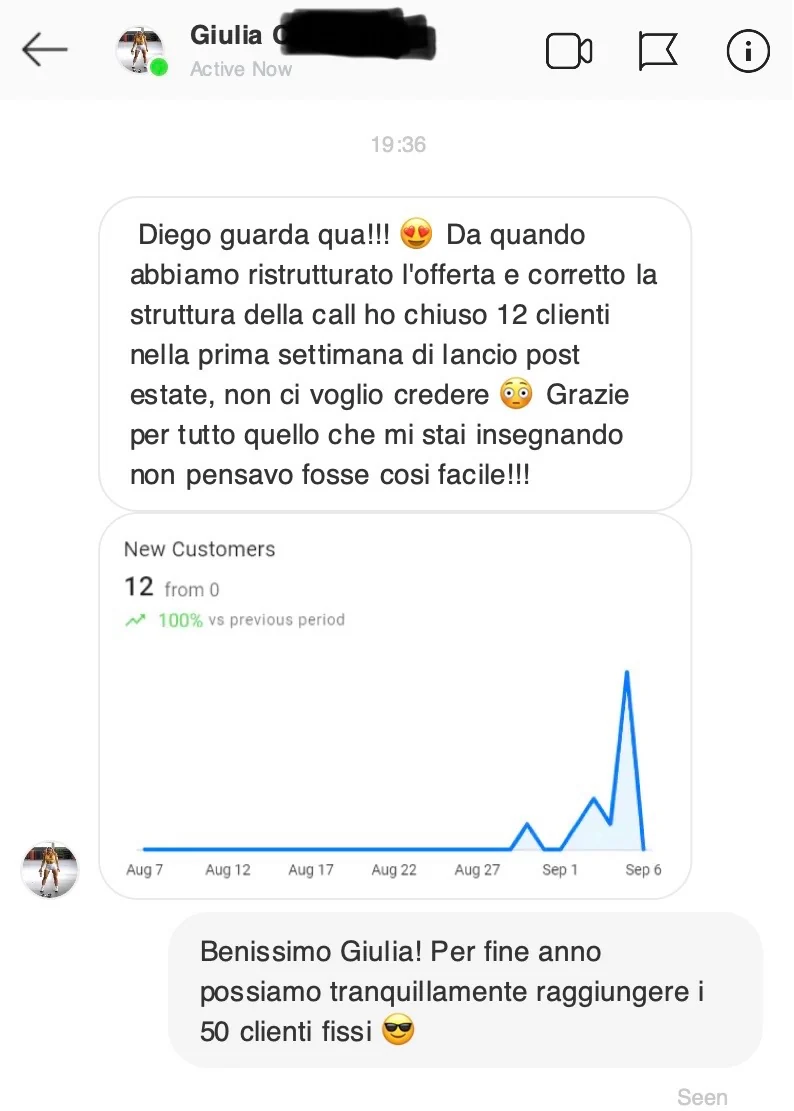 Messaggio di Giulia: 12 clienti chiusi nella prima settimana di lancio